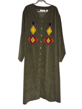 Vintage Kate & Co Dress Sz 34W 5X Olive Green Moleskin Faux Suede Geometric Maxi